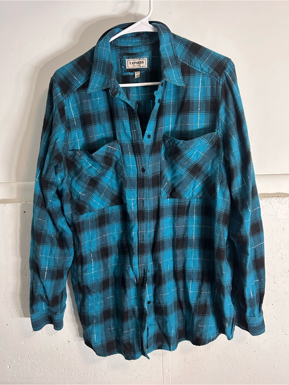 Express Womens Blue Plaid Button-Up Shirt